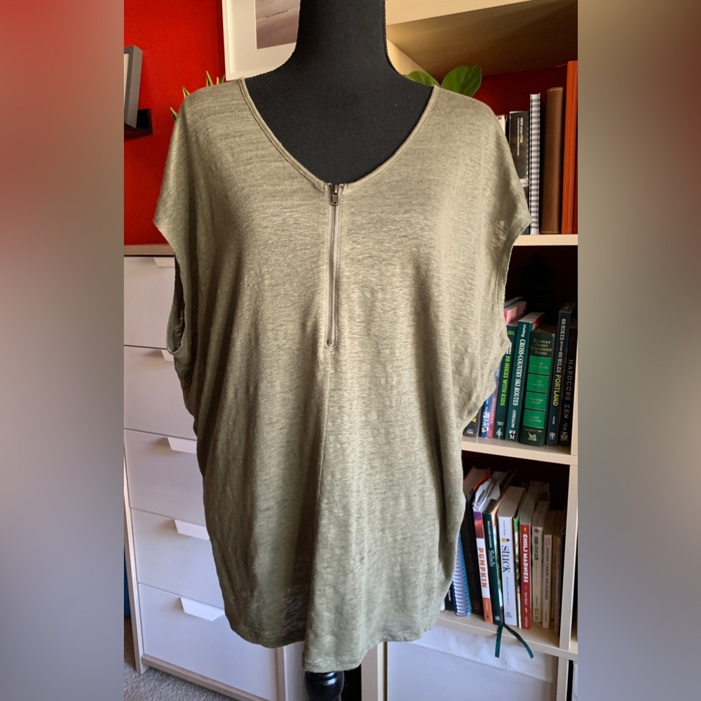 100% Linen Slub Knit Kimono Sleeve Olive Drape Zippered Top M